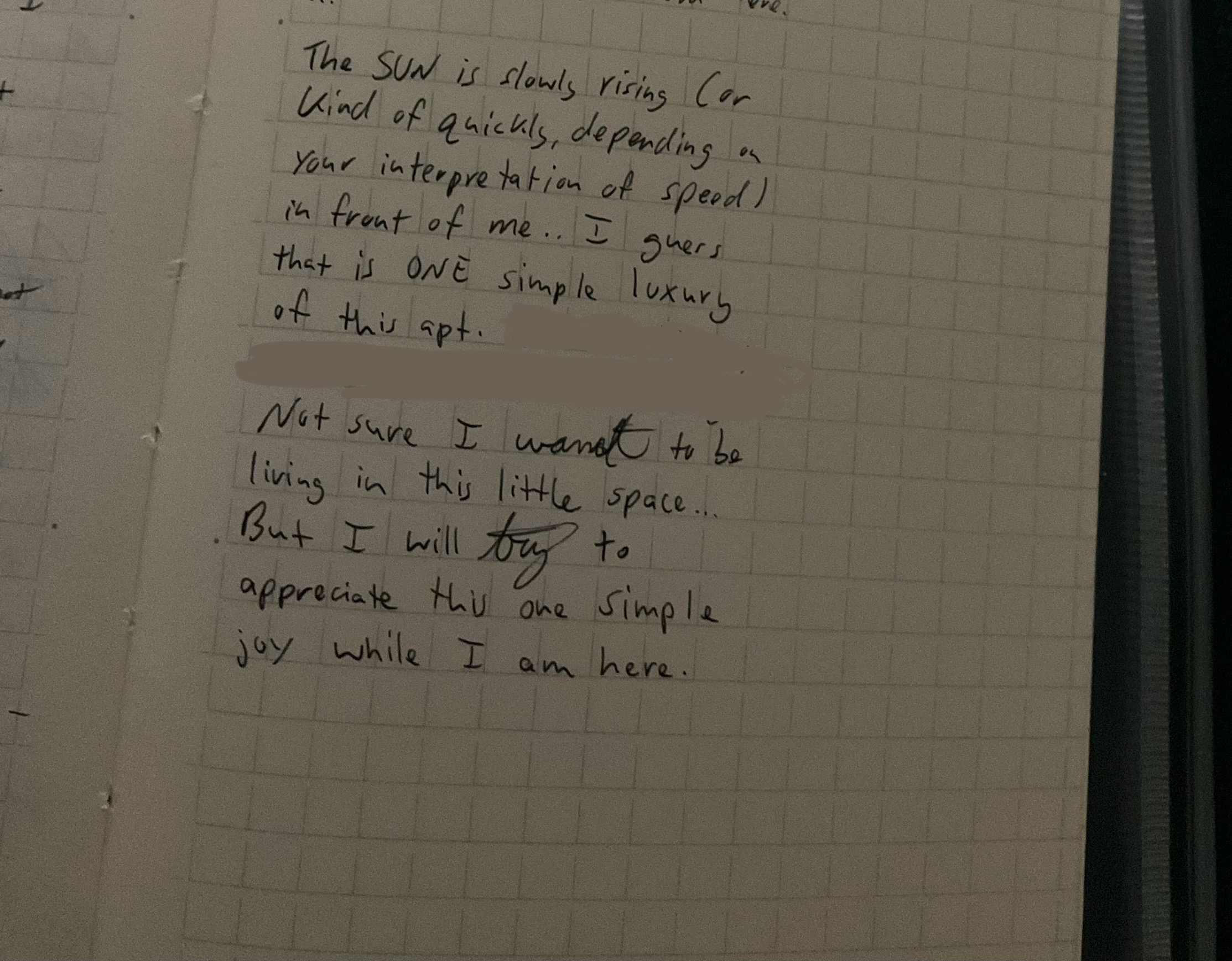 The sun is slowly rising (or quickly, depending on your interpretation of speed) in front of me…I guess that is ONE simple luxury of this apt. Not sure I want to be living in this little space. But I will try to appreciate this one simple joy while I am here. (Journal entry)